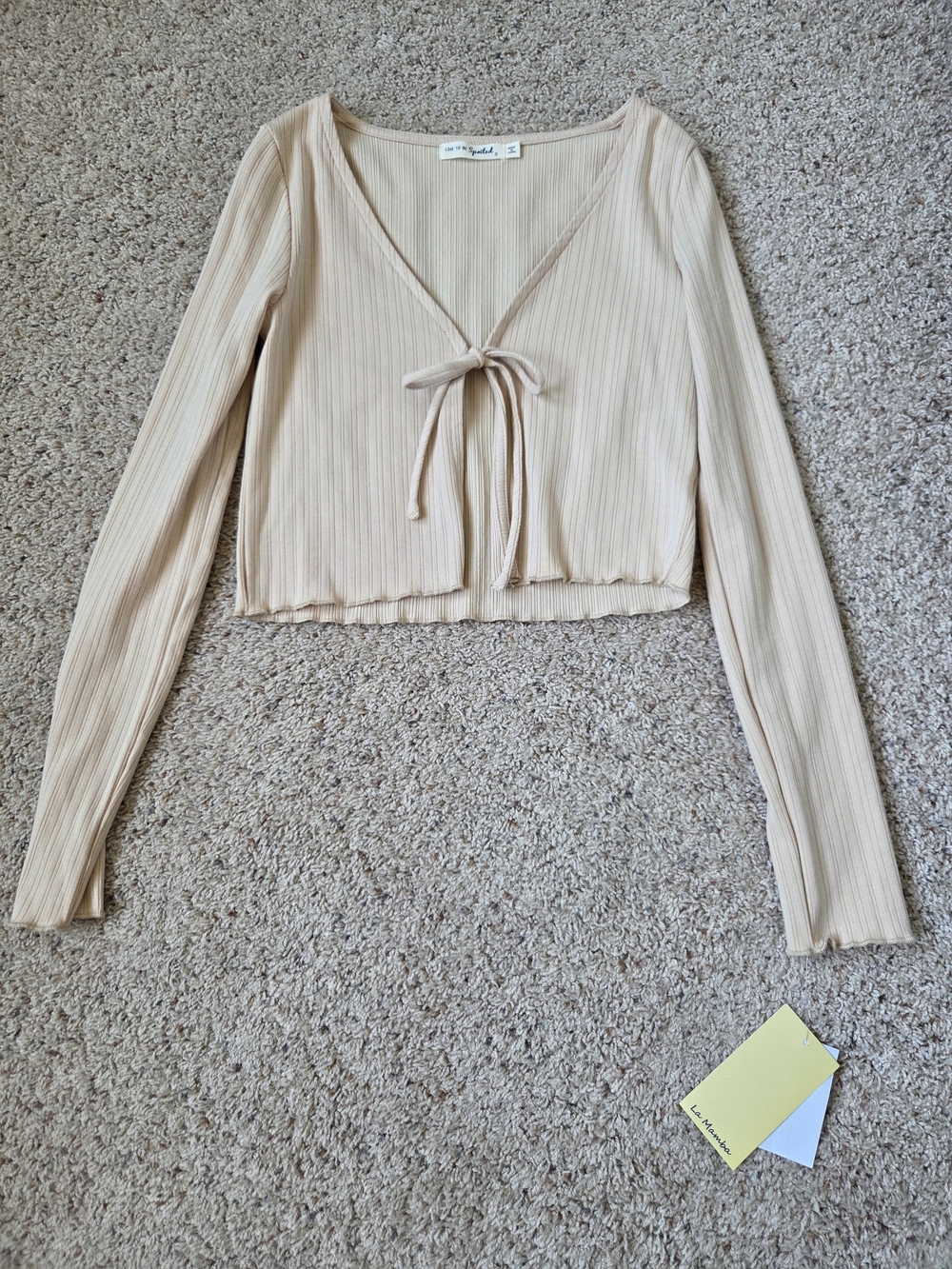 Beige Ribbed Tie-Front Long Sleeve Crop Top